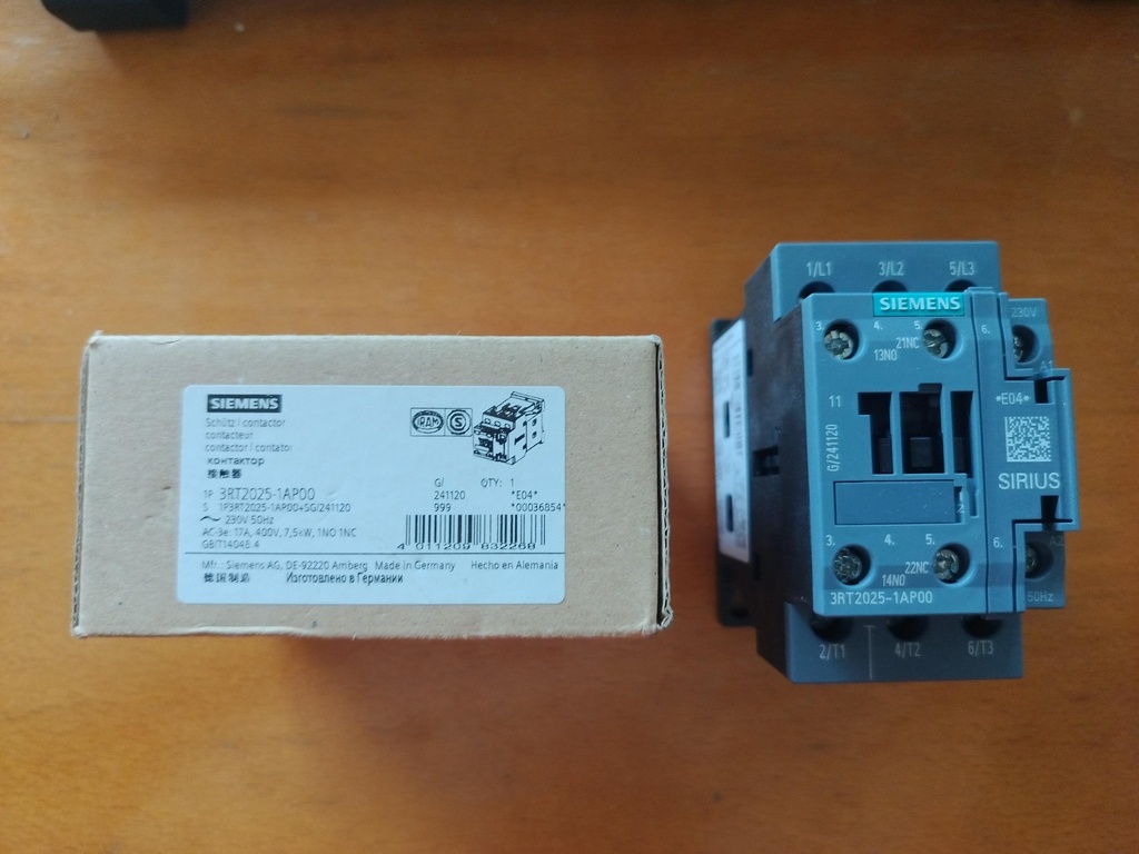 Contator Siemens Sirius 3RT2025-1AP00, 230V, 17A, 7.5kW